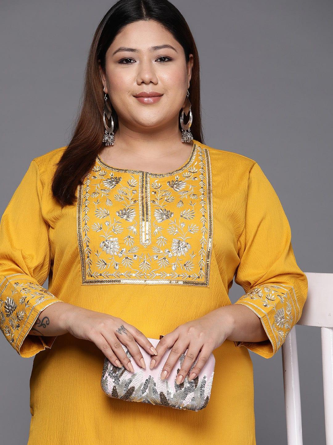 Varanga Women Plus Size Yellow & Gold-Toned Floral Embroidered Crepe Kurta - Indiakreations