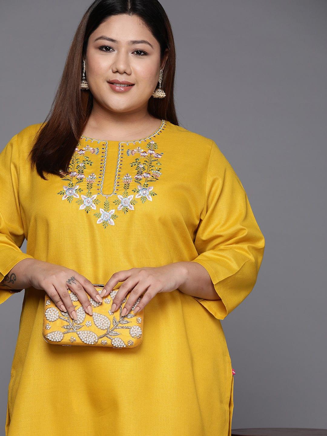 Varanga Women Plus Size Mustard Yellow Floral Embroidered Thread Work Floral Kurta - Indiakreations