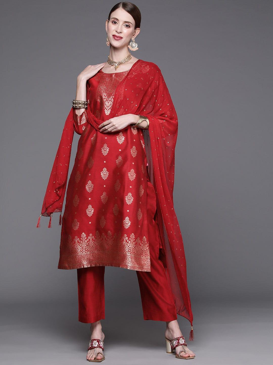 Varanga Women Red & Golden Kurta with Trousers & With Dupatta - Indiakreations