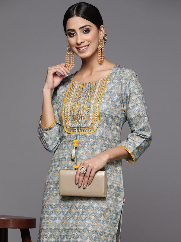 Varanga Women Grey & Mustard Yellow Ethnic Motifs Printed Thread Work Kurta - Indiakreations