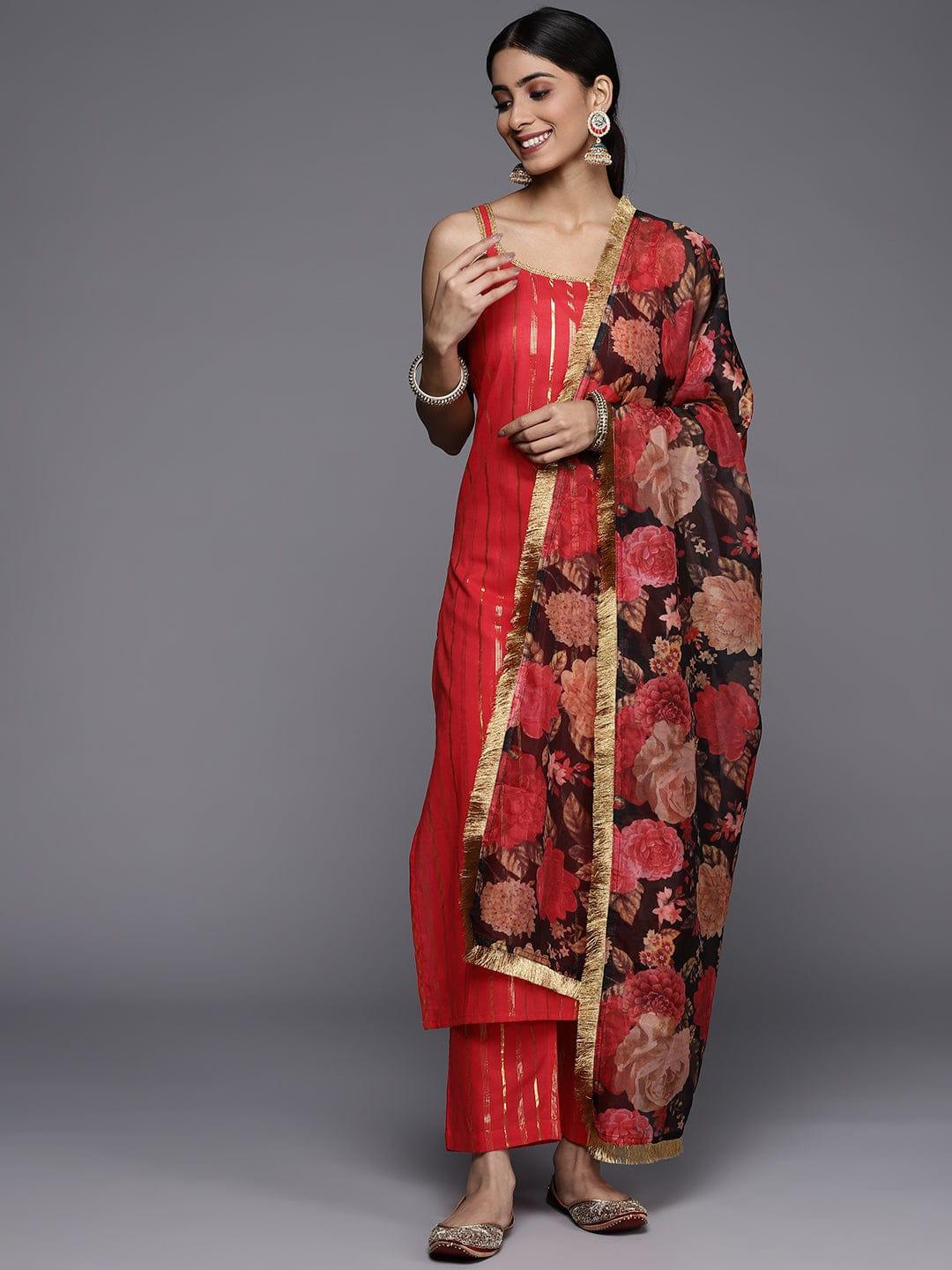 Varanga women red strap style kurta with straight pant and digital printed dupatta - Indiakreations