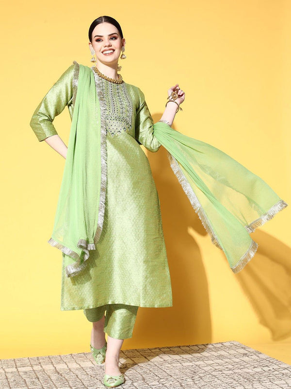 Varanga Women Green Ethnic Motifs Gotta Patti Kurta with Trousers & With Dupatta - Indiakreations