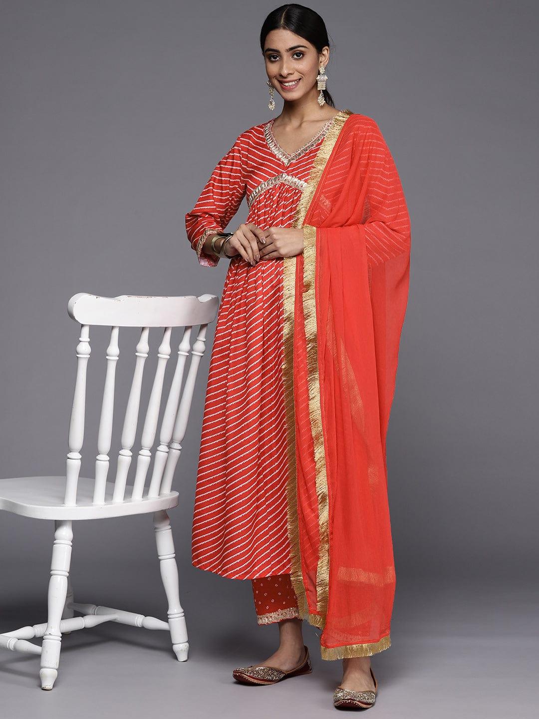 Varanga Women Red Leheriya Embroidered Empire Kurta with Trousers & With Dupatta - Indiakreations