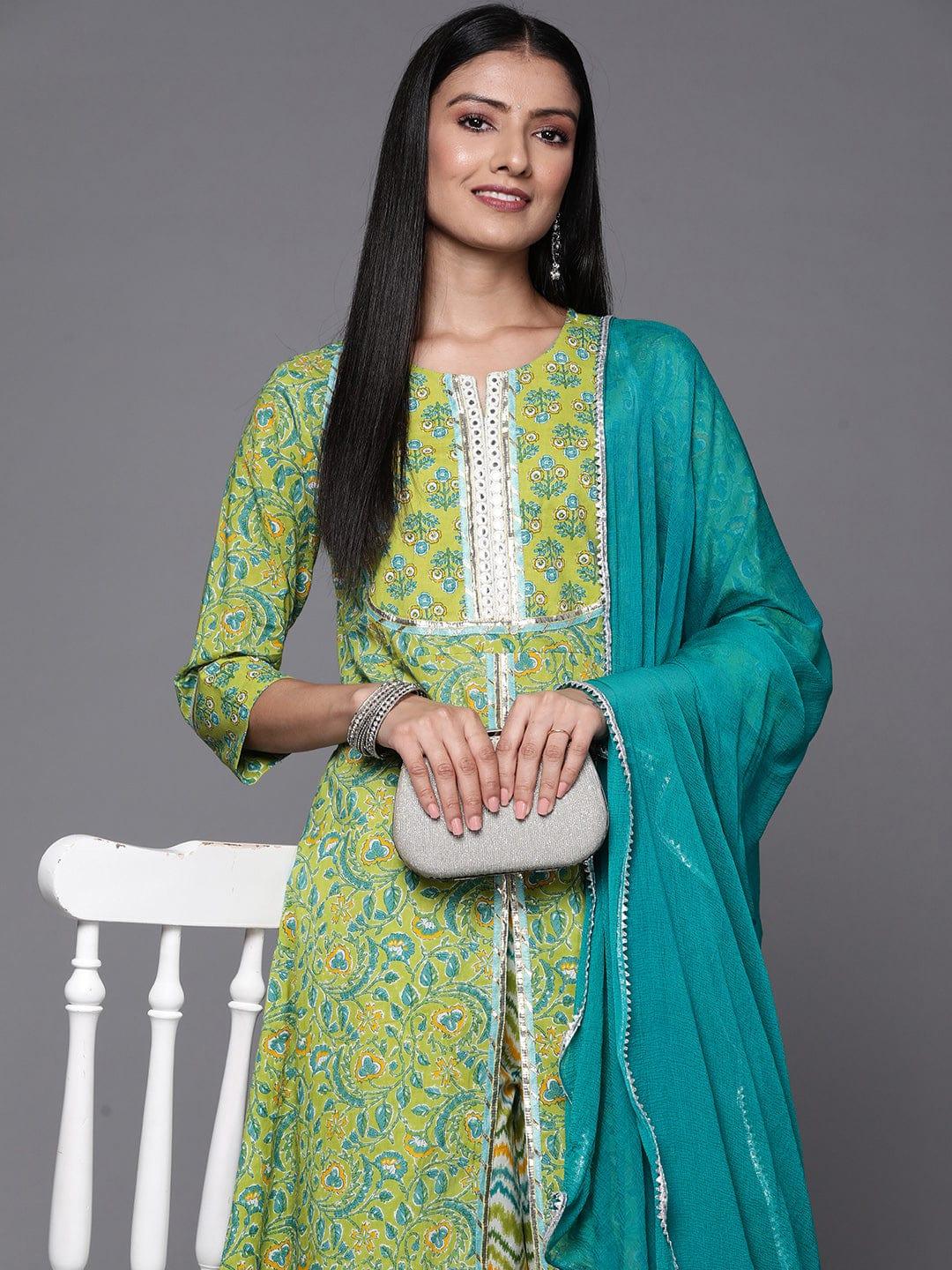 Varanga Women Green Floral Printed High Slit Mirror Work Pure Cotton Kurta with Palazzos & With Dupatta - Indiakreations