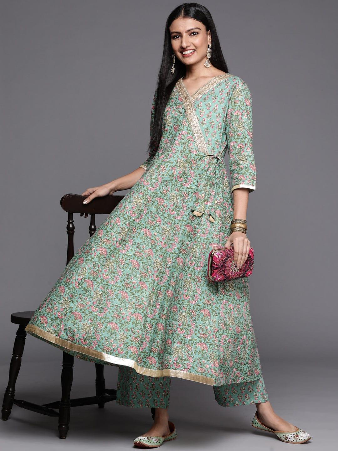 Varanga green floral printed anarkali kurta paired with straight palazzo - Indiakreations