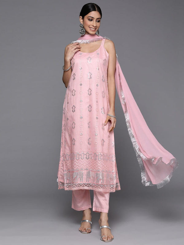 Varanga pink net embroidered strap style kurta paired with tonal bottom and dupatta - Indiakreations