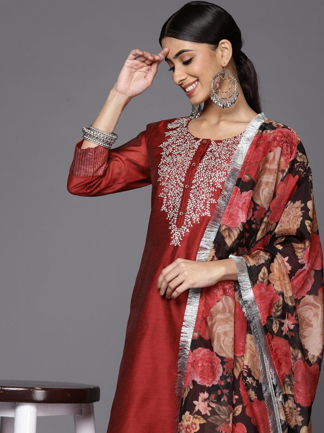 Varanga red embroidered kurta with tonal trouser and printed dupattta - Indiakreations