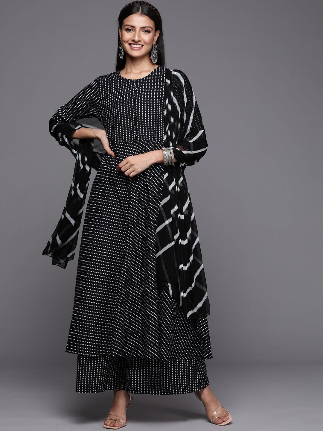 Varanga black and white cotton printed anarkali kurta paired with palazzo and chiffon dupatta - Indiakreations