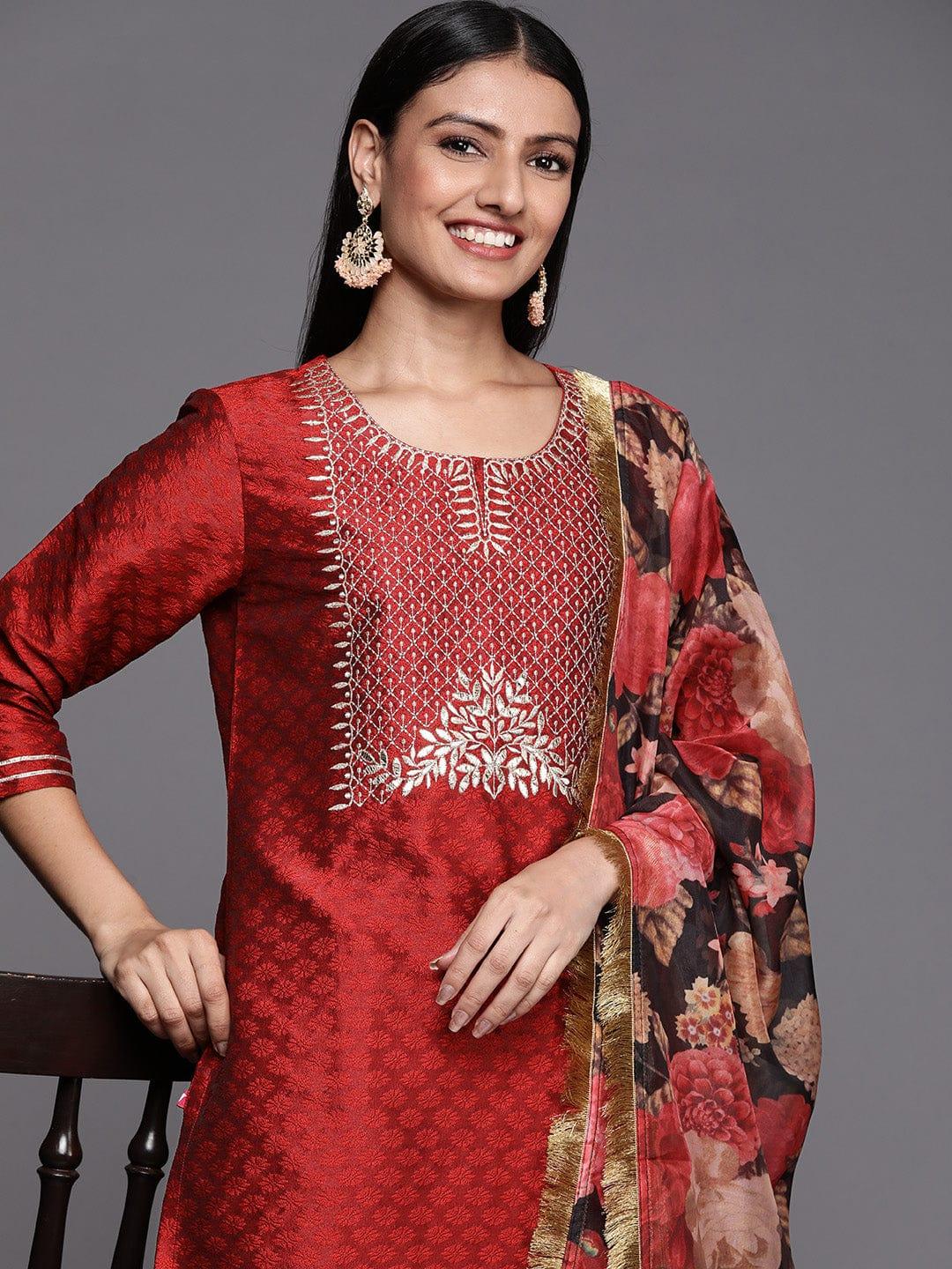 Varanga Red Embroidered Kurta Paired With Straight Bottom And Contrast Bottom - Indiakreations