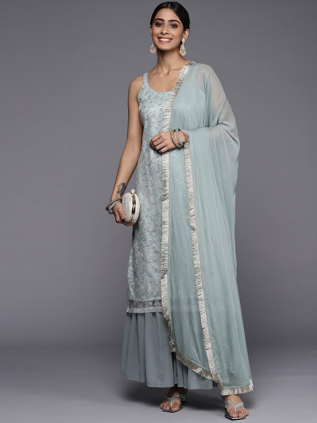 Varanga grey embroidered kurta paired with sharara and dupatta - Indiakreations