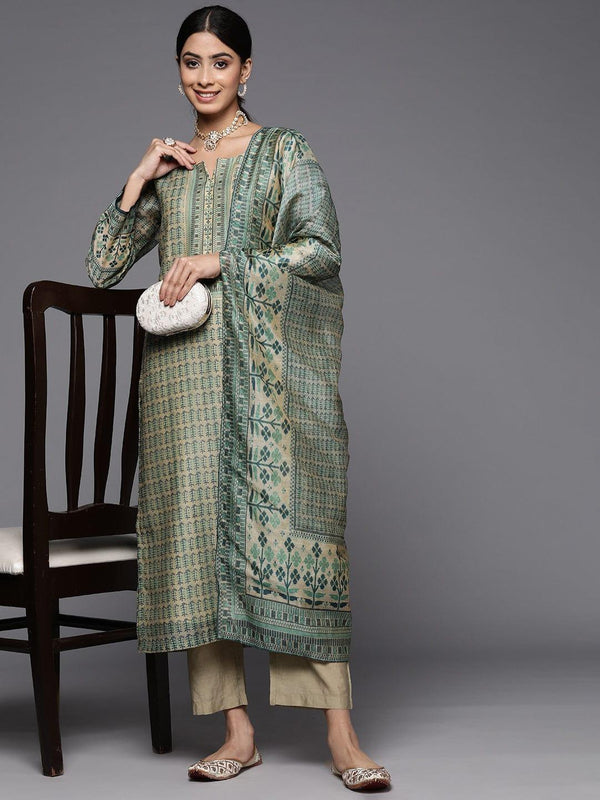 Varanga Ethnic Motifs Printed Chanderi Silk Kurta With Trousers & With Dupatta - Indiakreations