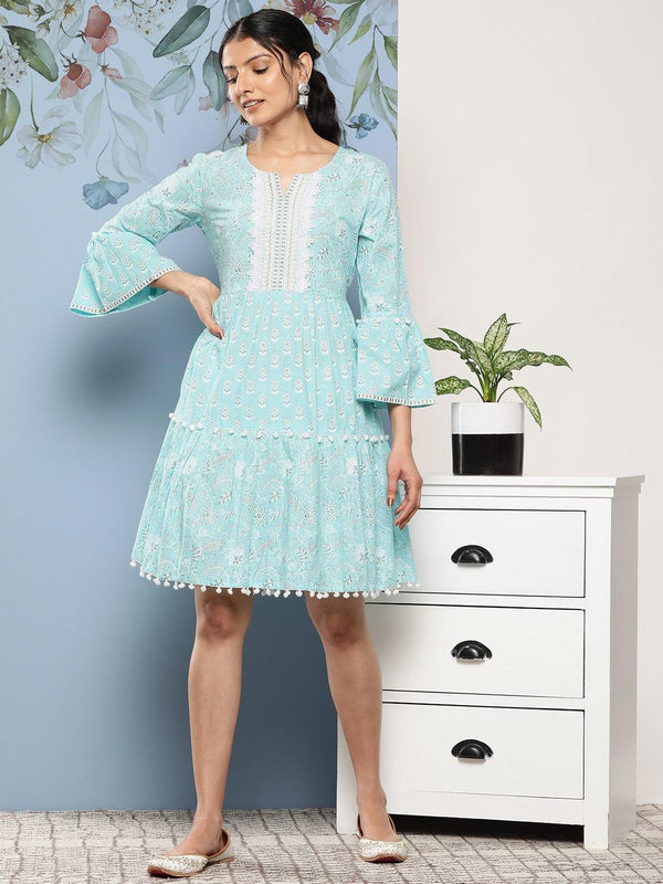 Varanga Blue & White Floral A-Line Dress - Indiakreations