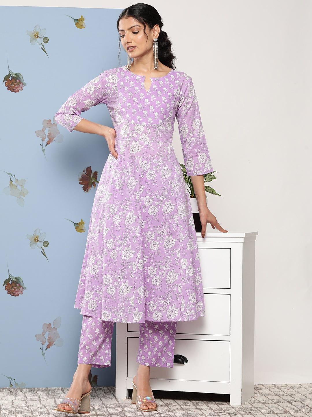 Varanga Women Purple Floral Printed Empire Gotta Patti Pure Cotton Kurta with Trousers - Indiakreations