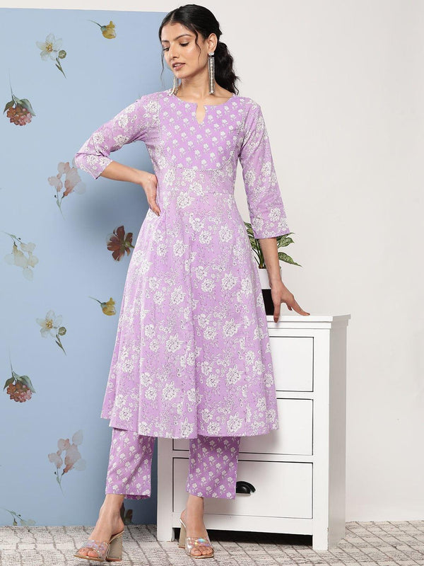 Varanga Women Purple Floral Printed Empire Gotta Patti Pure Cotton Kurta with Trousers - Indiakreations