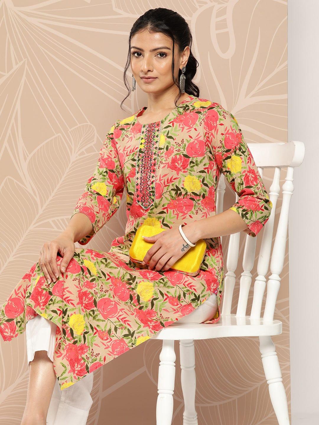 Varanga Women Beige & Pink Floral Printed Floral Kurta - Indiakreations