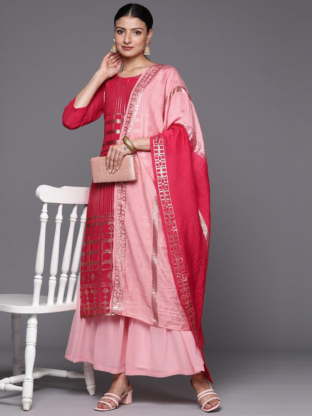 Varanga Women Embroidered Sequinned Silk Georgette Kurta with Sharara & With Dupatta - Indiakreations