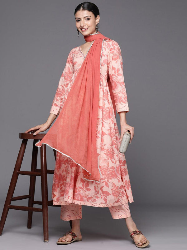 Varanga Women Peach Floral Empire Thread Work Kurta with Trousers & Dupatta - Indiakreations