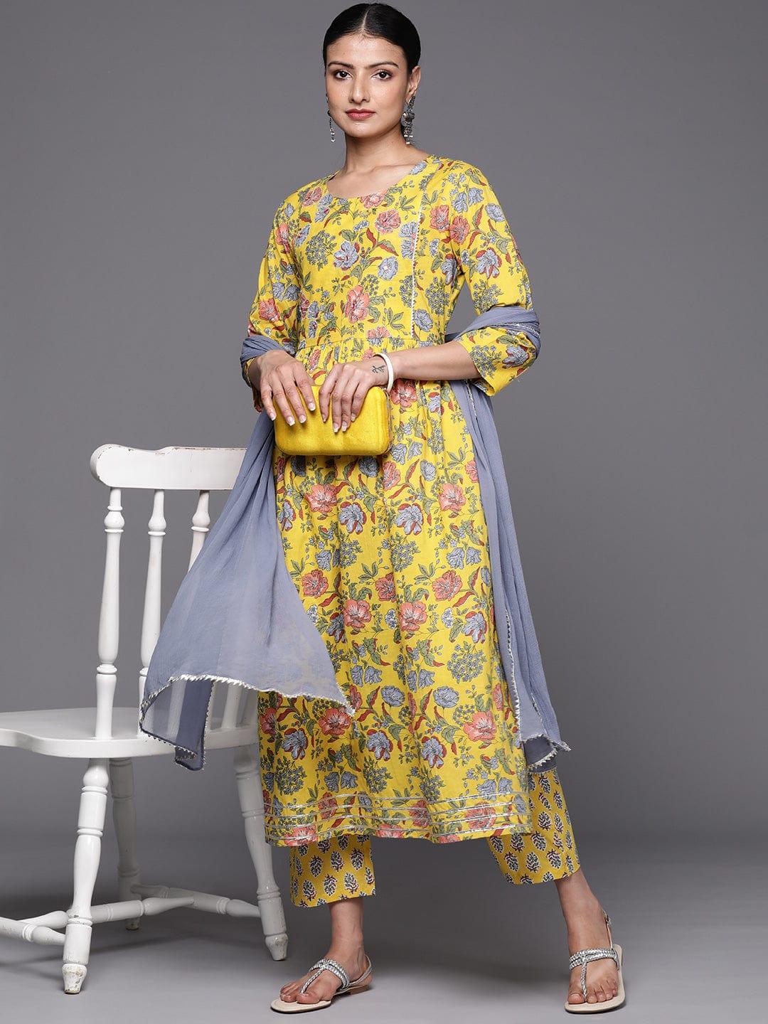 Varanga Women Yellow Empire Pure Cotton Kurta with Trousers & With Dupatta - Indiakreations