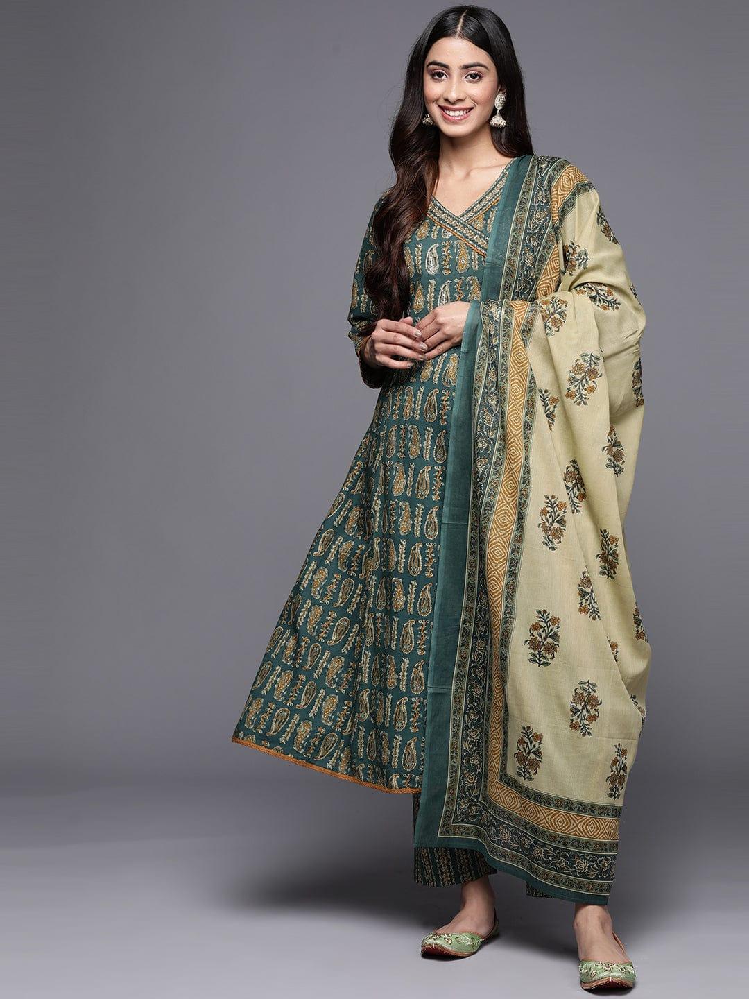 Varanga Women Green Paisley Printed Angrakha Pure Cotton Kurta With Trousers & With Dupatta - Indiakreations