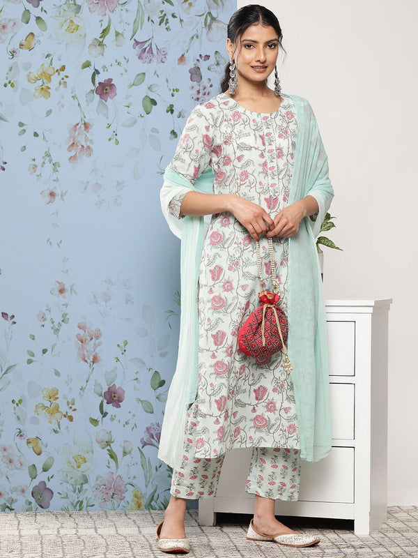 Varanga Women Blue Floral Printed Gotta Patti Pure Cotton Kurta with Trousers & With Dupatta - Indiakreations