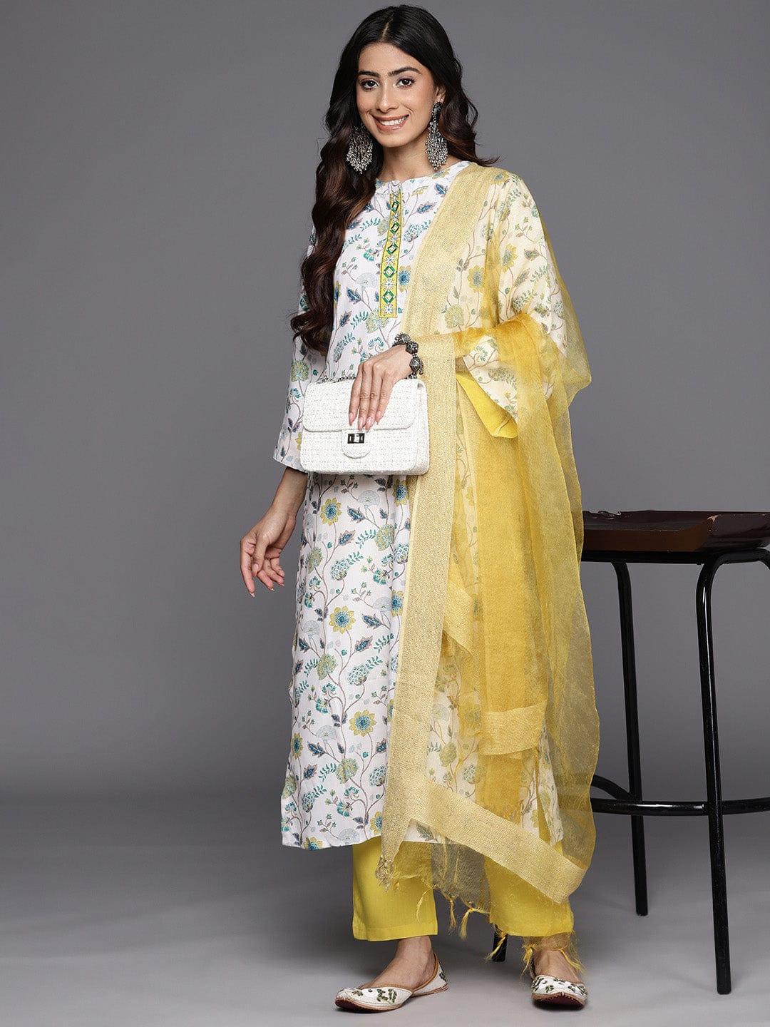 Varanga White Floral Printed Regular Thread Work Kurta With Trousers & Dupatta - Indiakreations