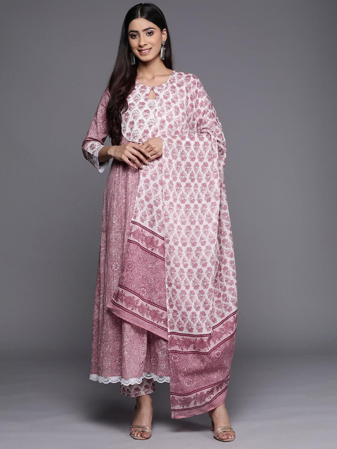 Varanga Mauve Floral Printed Pure Cotton Kurta with Trousers & With Dupatta - Indiakreations