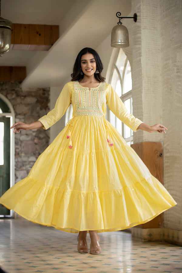 Women's Yellow Mirror Embellishment Anarkali Kurta - KAAJH