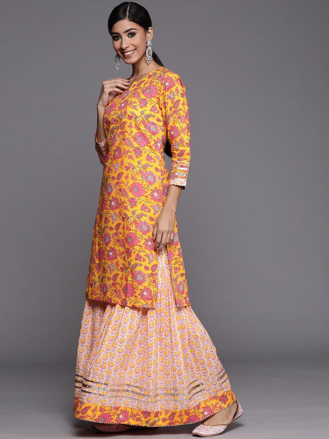 Varanga Women Yellow Floral Printed Pure Cotton Kurta with Sharara & With Dupatta - Indiakreations