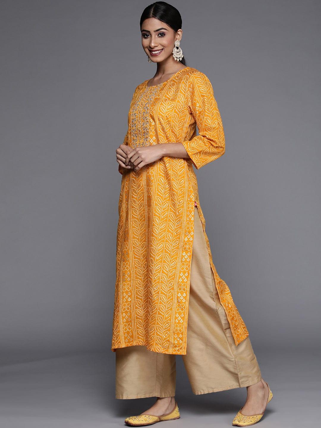 Varanga Women Mustard Yellow Bandhani Print Mirror Work Kurta - Indiakreations