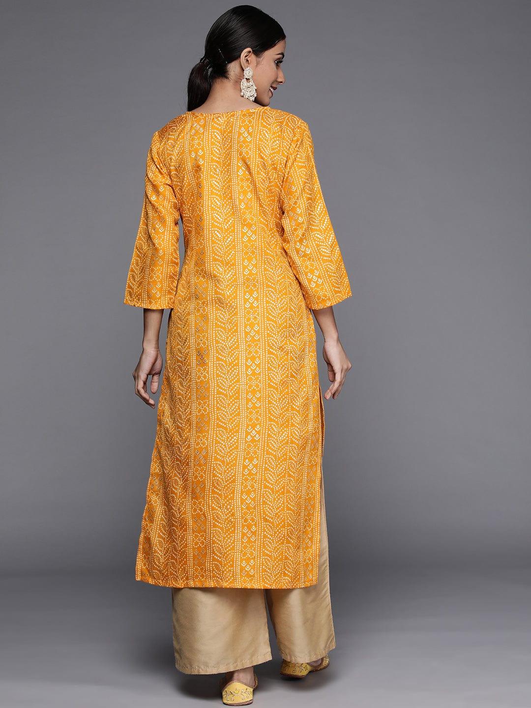 Varanga Women Mustard Yellow Bandhani Print Mirror Work Kurta - Indiakreations