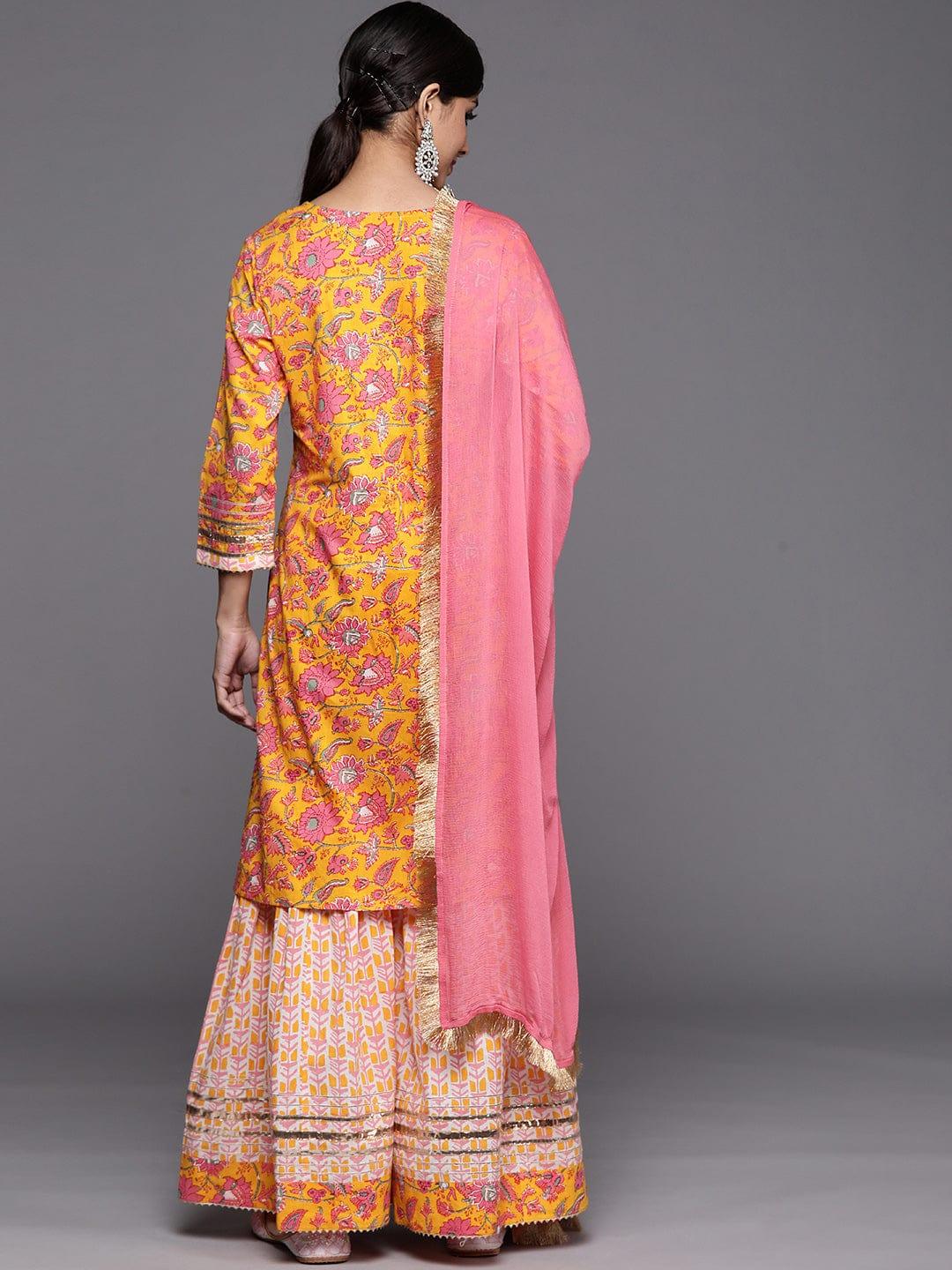 Varanga Women Yellow Floral Printed Pure Cotton Kurta with Sharara & With Dupatta - Indiakreations