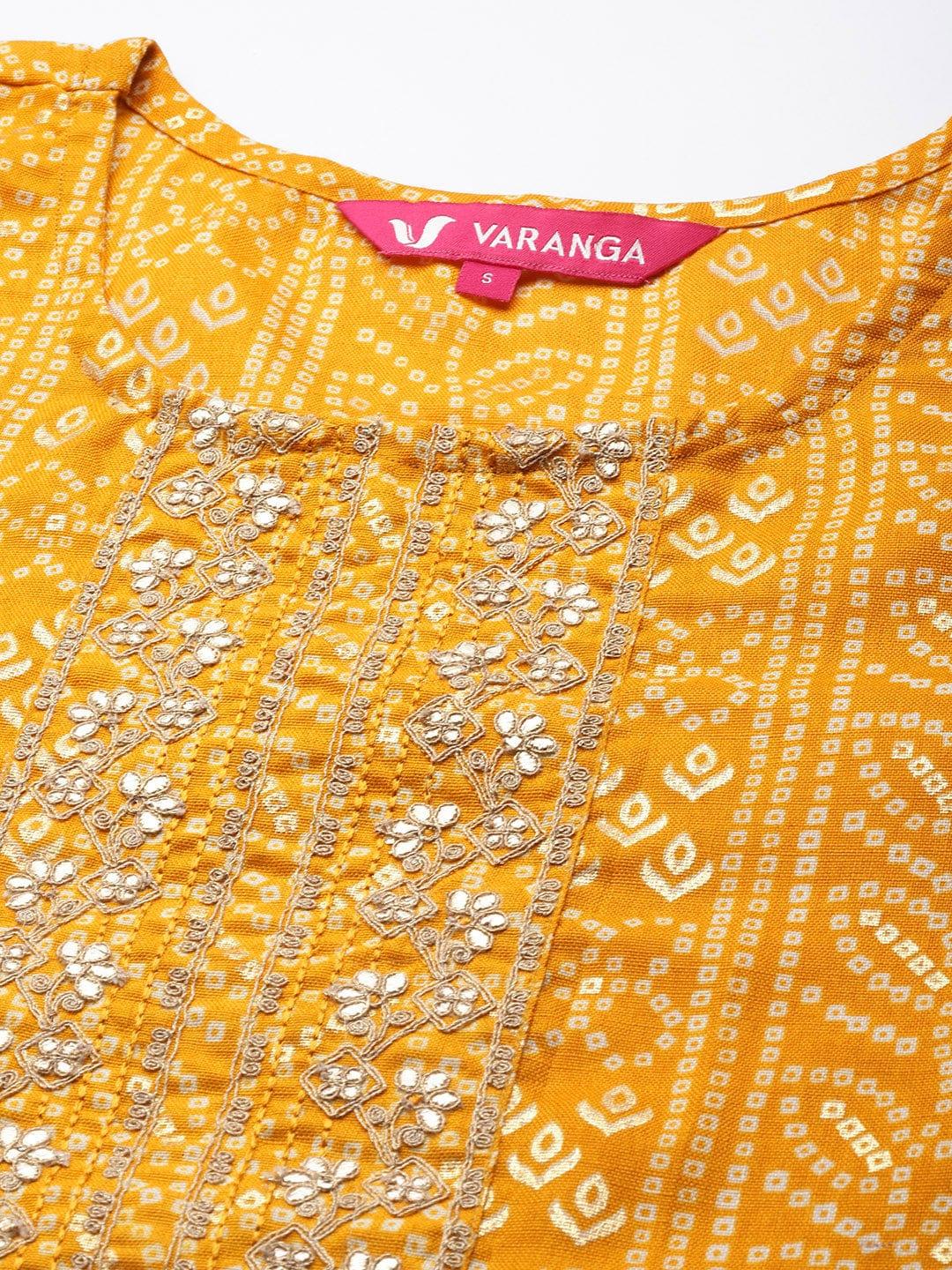 Varanga Women Mustard Yellow Bandhani Print Mirror Work Kurta - Indiakreations