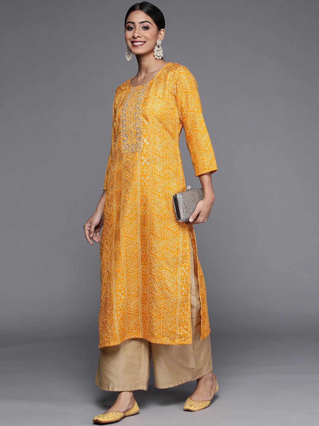 Varanga Women Mustard Yellow Bandhani Print Mirror Work Kurta - Indiakreations