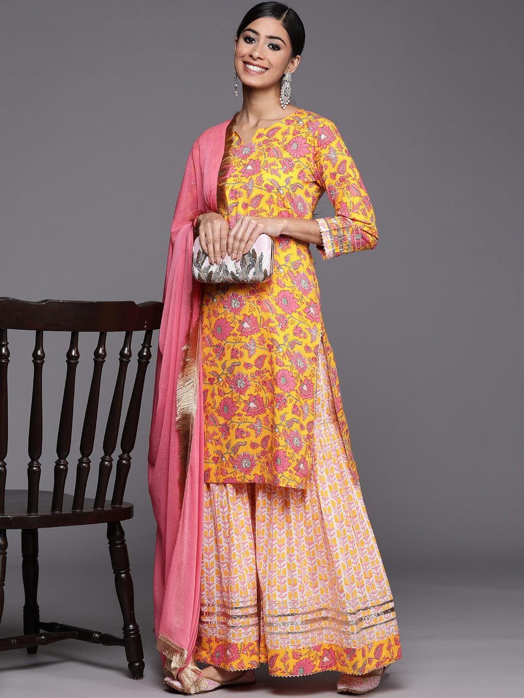 Varanga Women Yellow Floral Printed Pure Cotton Kurta with Sharara & With Dupatta - Indiakreations