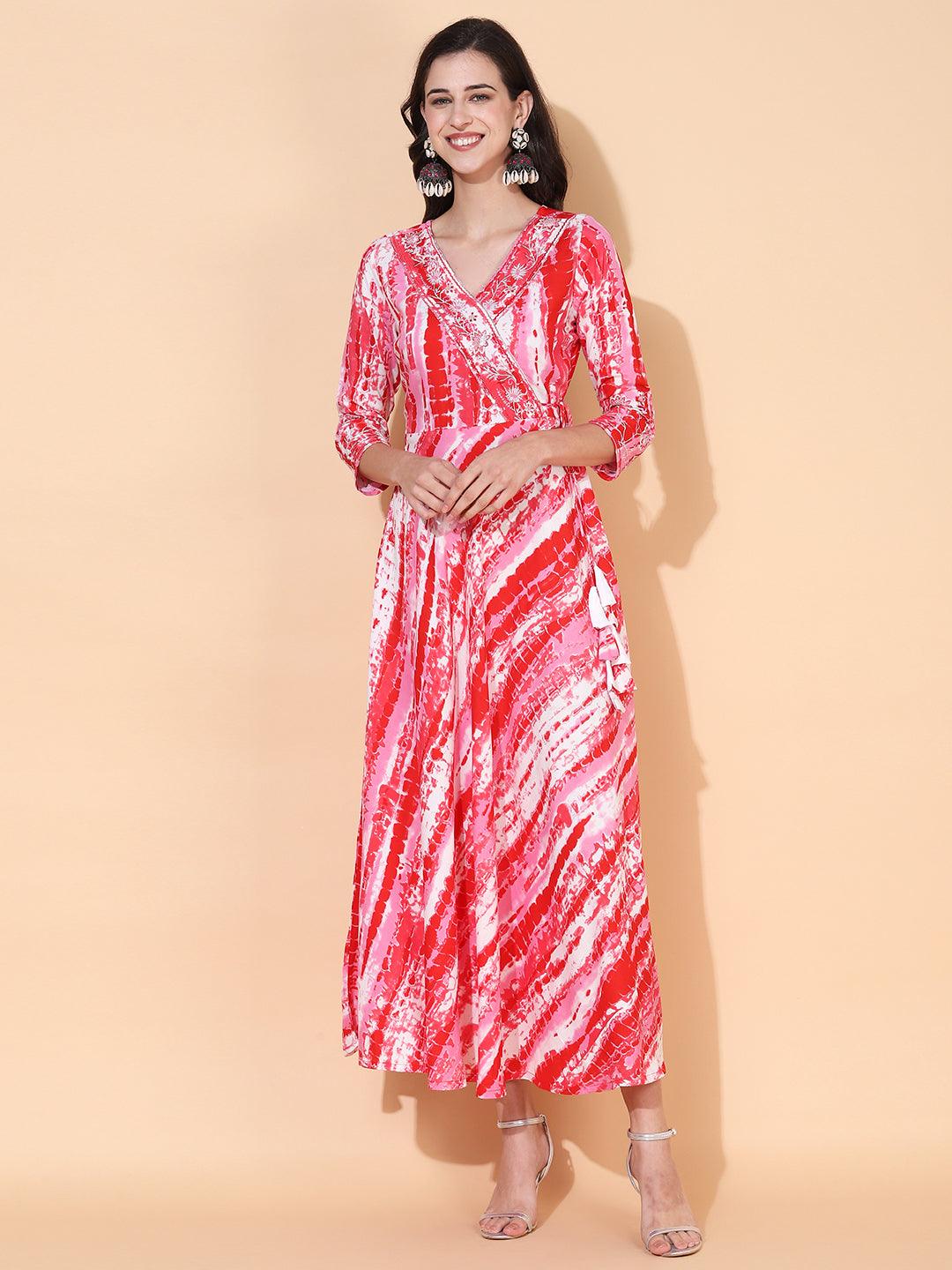 Tie-Dye Printed & Embroidered Flared Maxi Dress - Red - Indiakreations