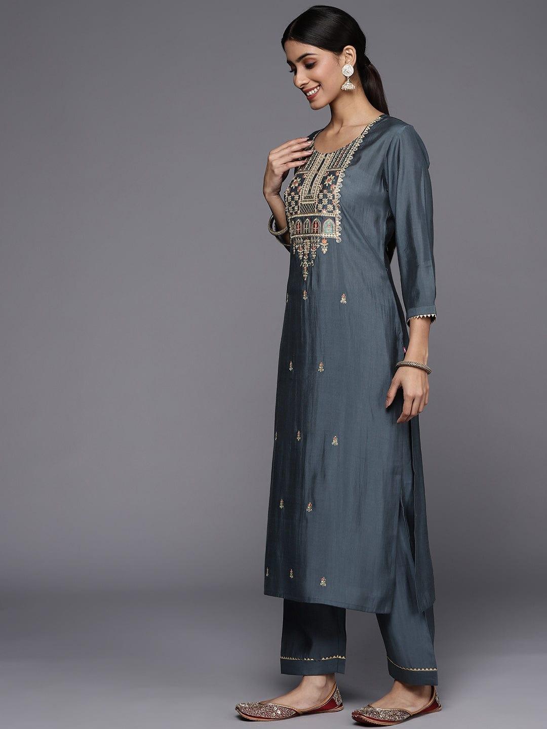 Varanga Women Grey Ethnic Motifs Yoke Design Mirror Work Kurta with Trousers & With Dupatta - Indiakreations