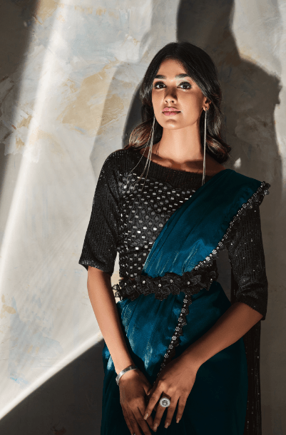 Stylish Sequins Work Teal Silk Satin Crepe Saree - Indiakreations