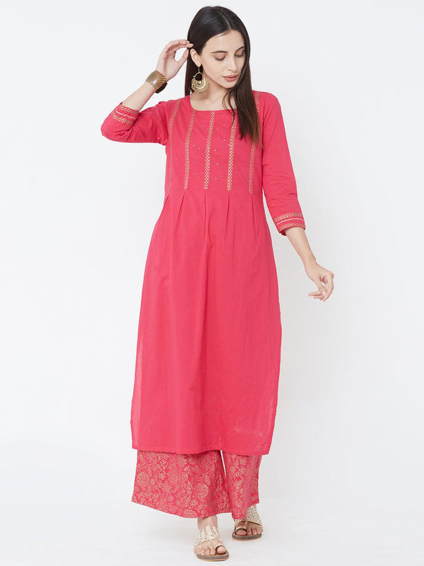 Minimal Foil Printed Kurta with Dense Floral Foil Printed Palazzo – Pink - Indiakreations