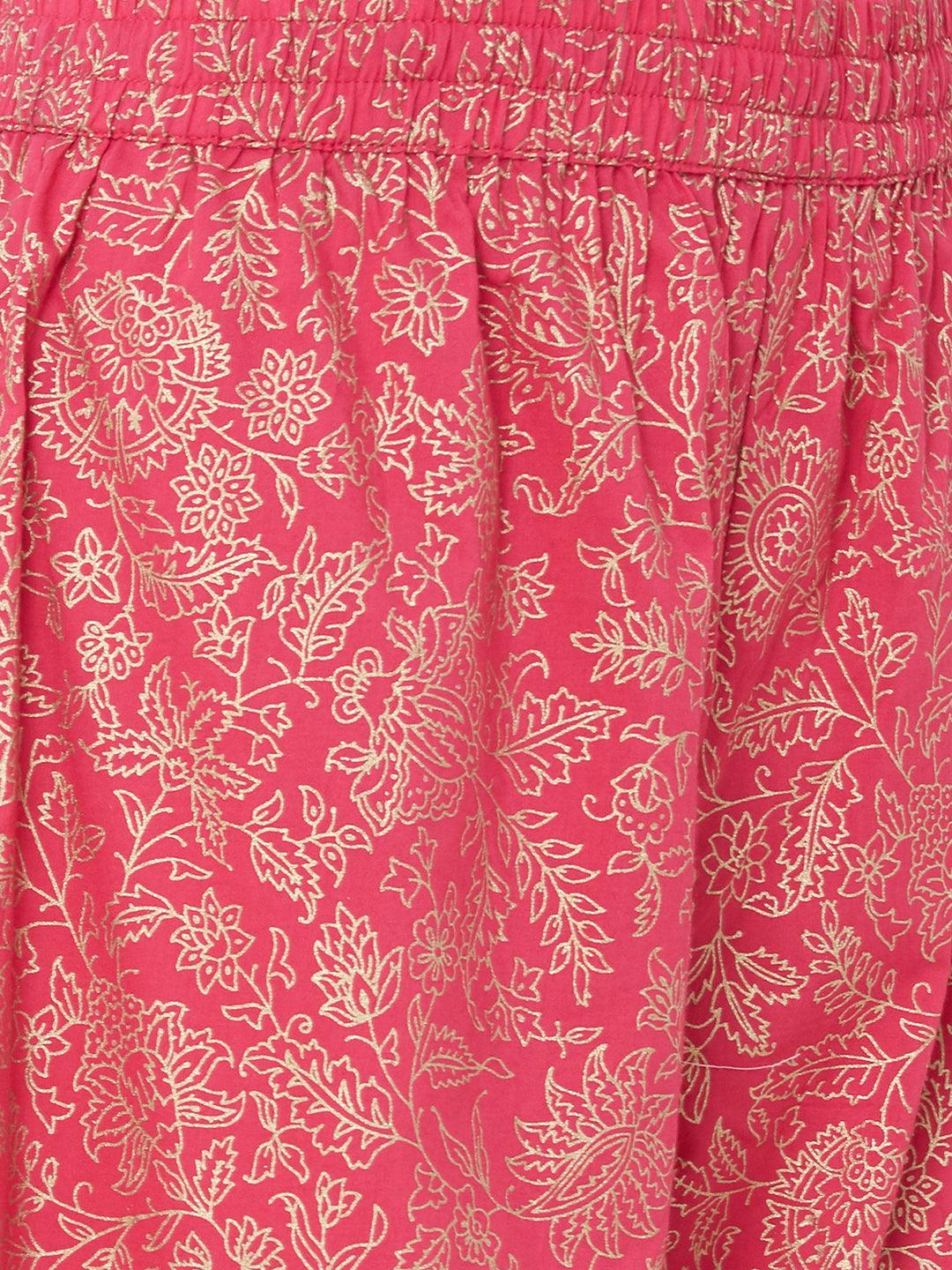 Minimal Foil Printed Kurta with Dense Floral Foil Printed Palazzo – Pink - Indiakreations