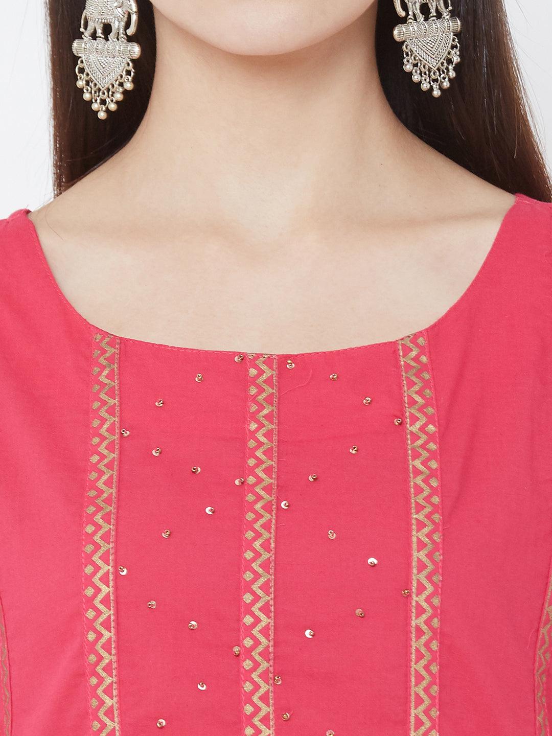 Minimal Foil Printed Kurta with Dense Floral Foil Printed Palazzo – Pink - Indiakreations