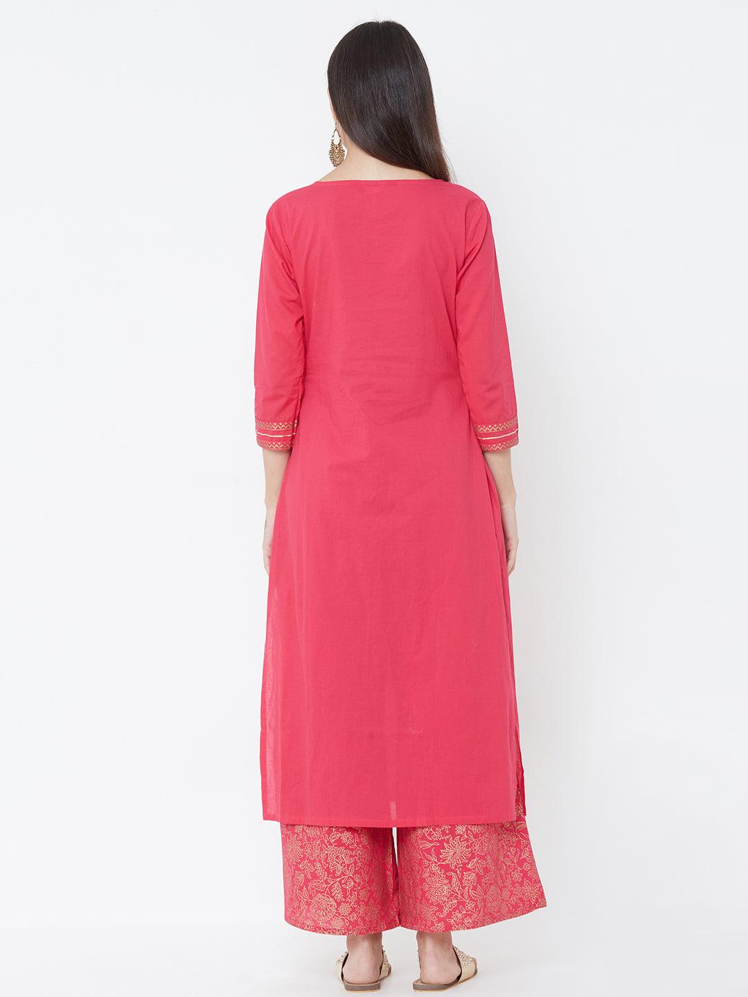 Minimal Foil Printed Kurta with Dense Floral Foil Printed Palazzo – Pink - Indiakreations