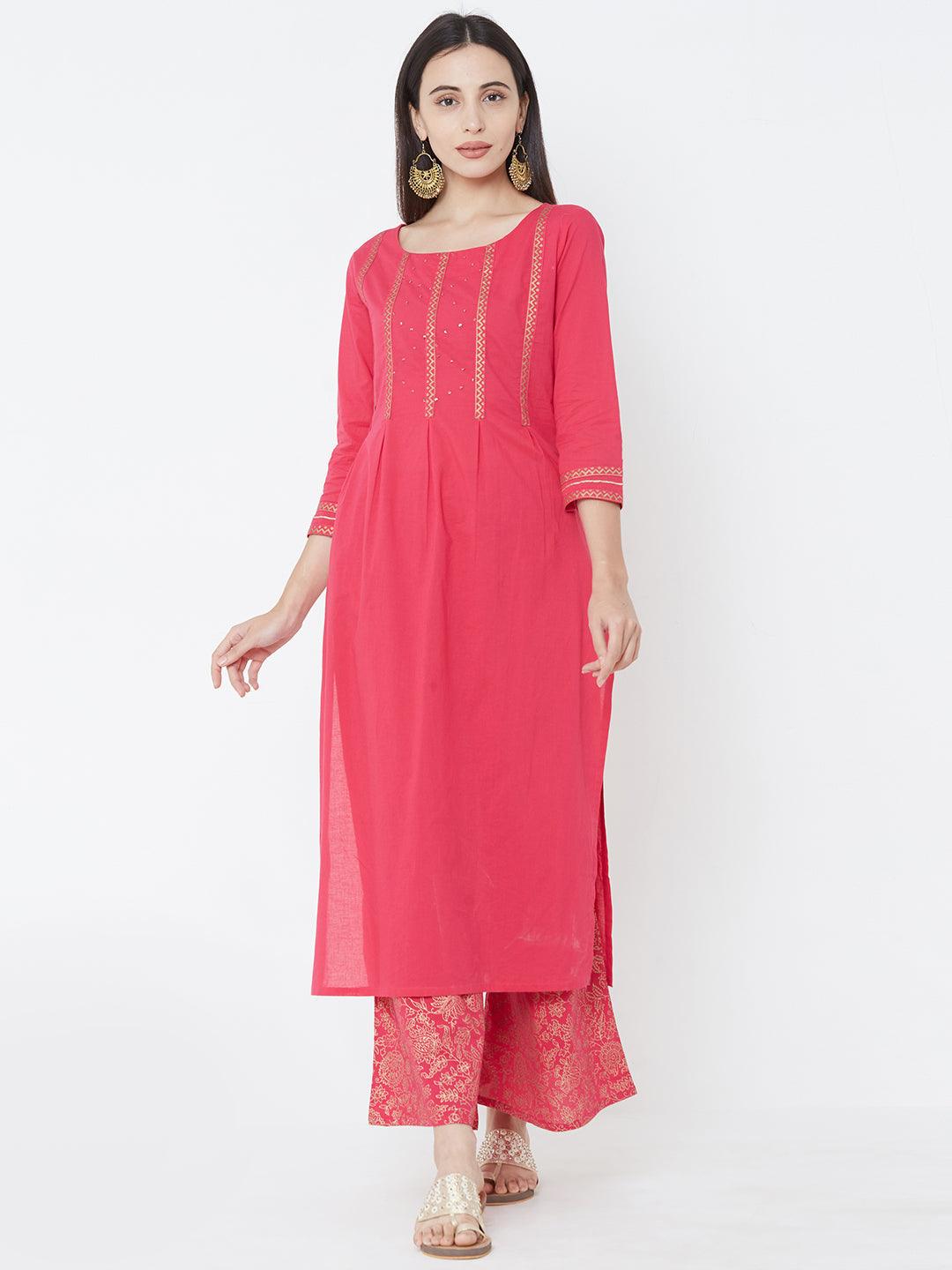 Minimal Foil Printed Kurta with Dense Floral Foil Printed Palazzo – Pink - Indiakreations