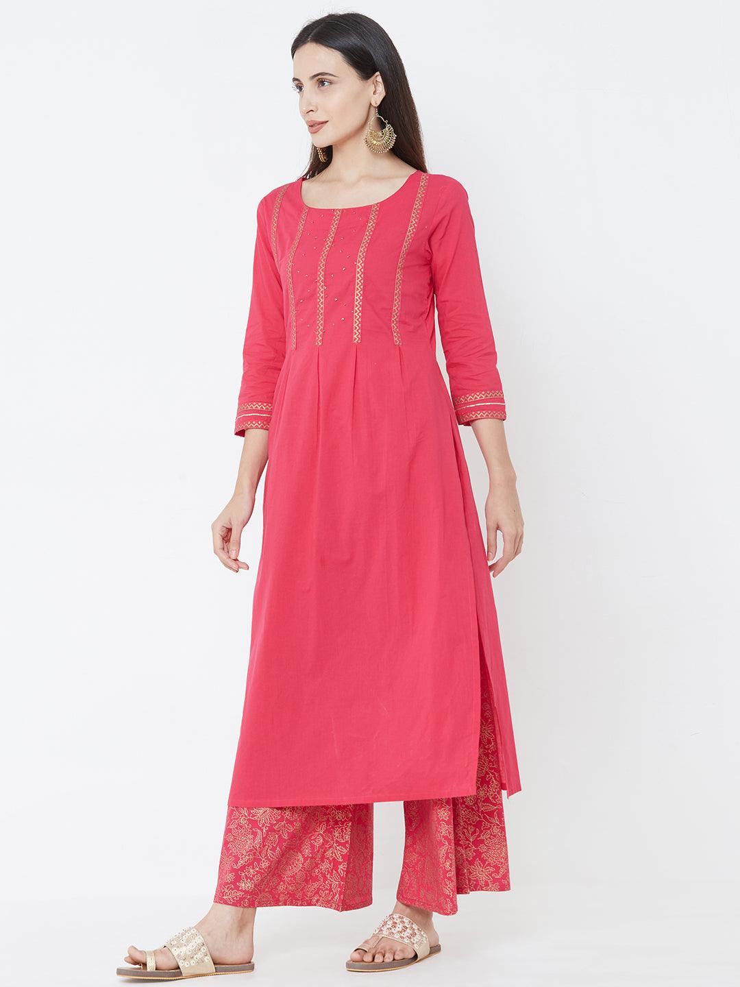 Minimal Foil Printed Kurta with Dense Floral Foil Printed Palazzo – Pink - Indiakreations