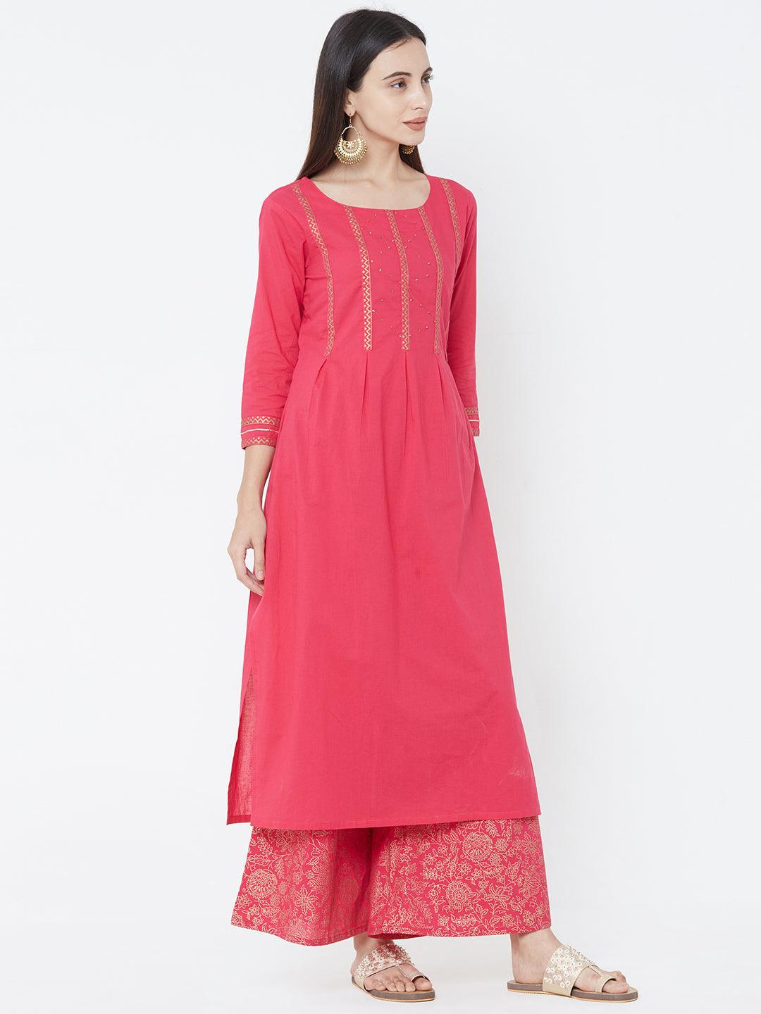 Minimal Foil Printed Kurta with Dense Floral Foil Printed Palazzo – Pink - Indiakreations