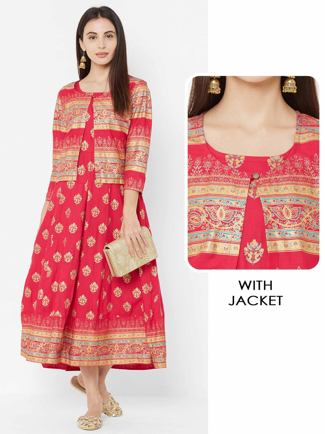 Ethnic Foil Printed Dress with Heavy Foil Printed Jacket – Pink - Indiakreations