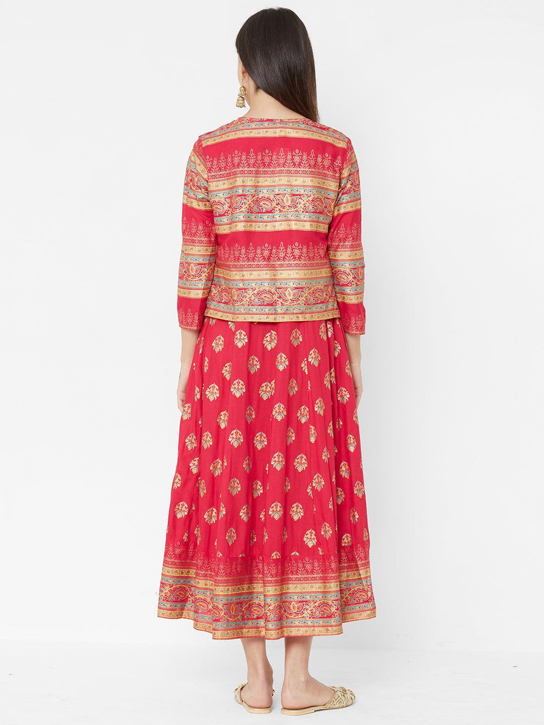 Ethnic Foil Printed Dress with Heavy Foil Printed Jacket – Pink - Indiakreations