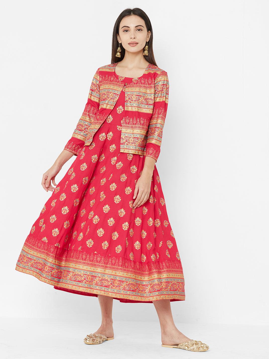 Ethnic Foil Printed Dress with Heavy Foil Printed Jacket – Pink - Indiakreations