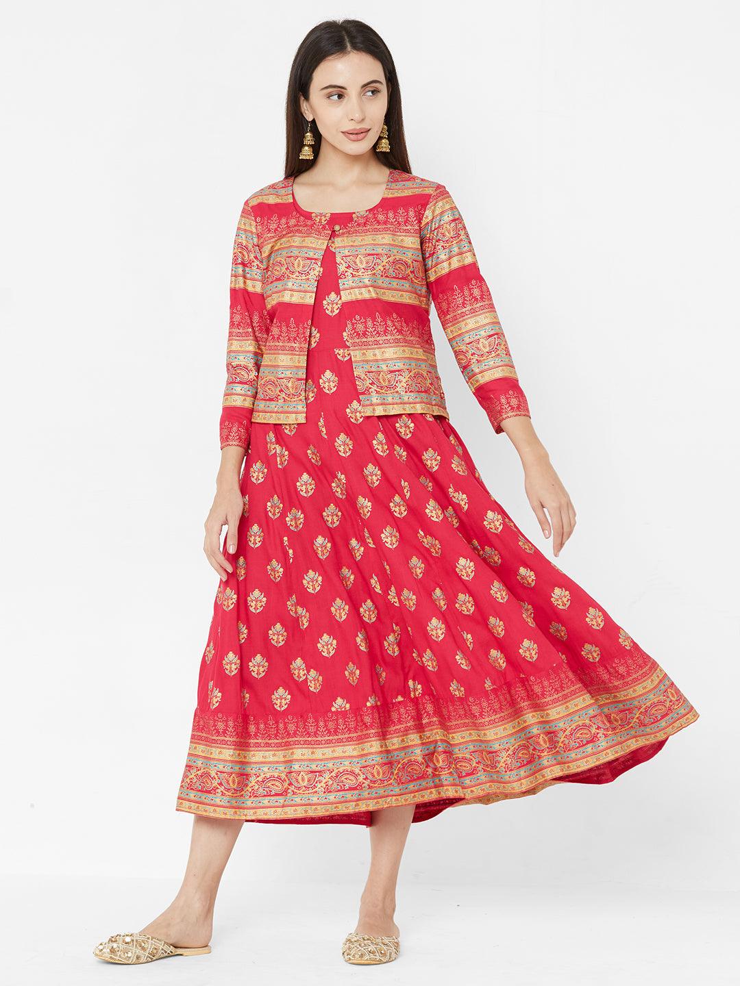 Ethnic Foil Printed Dress with Heavy Foil Printed Jacket – Pink - Indiakreations