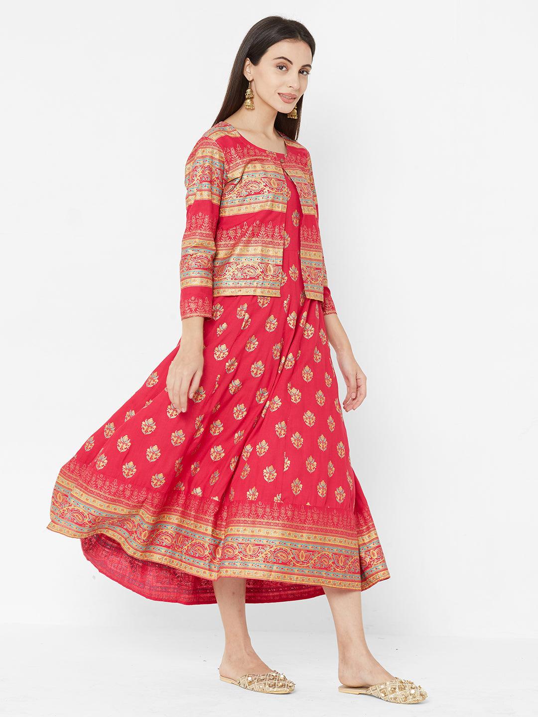 Ethnic Foil Printed Dress with Heavy Foil Printed Jacket – Pink - Indiakreations