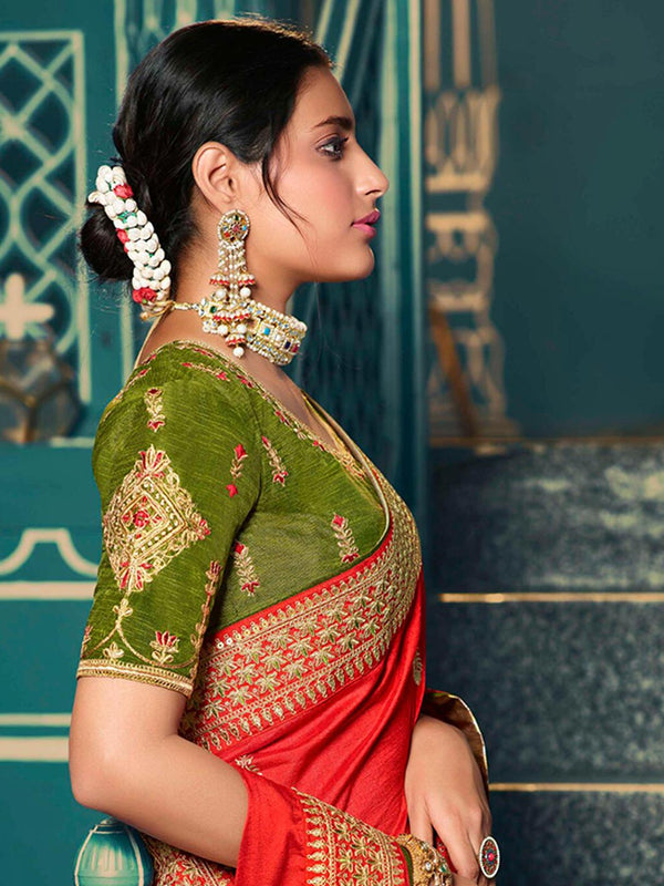 Imperial Red Olive Green Blouse Silk Saree With Ethnic Motifs